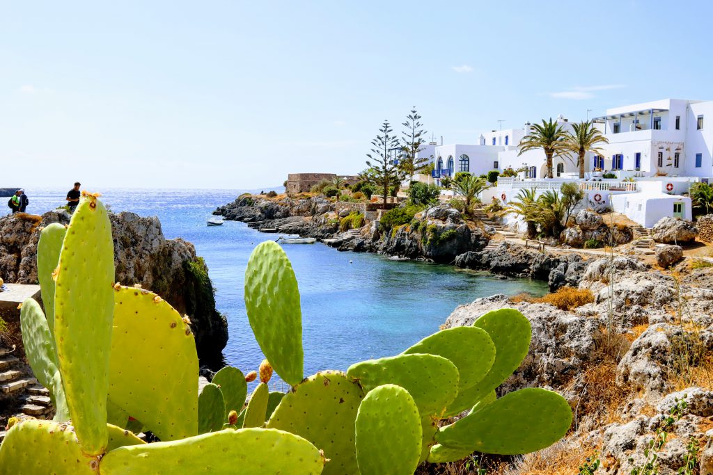 Sea view in Greece, small island Kythera, cacti, blue see, white houses