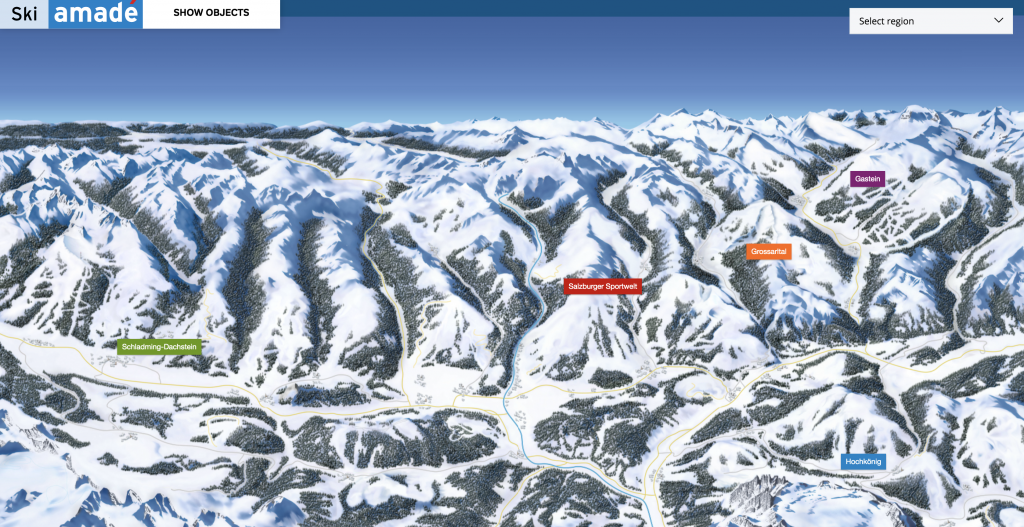 Kaart Ski Amadé: 5 regio's om te skiën. Gastein, Hochkönig, Grossarltal, Salzburger Sportwelt en Schladming-Dachtstein