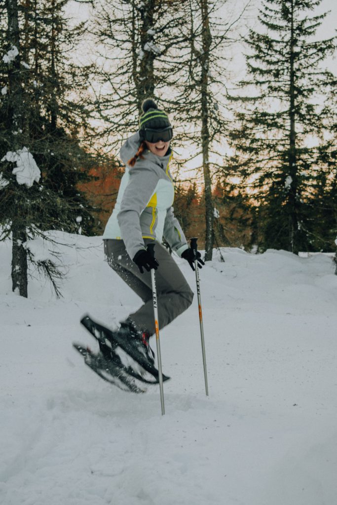 TravelRebel Silke snowshoe hiking in the Dolomites, Italy