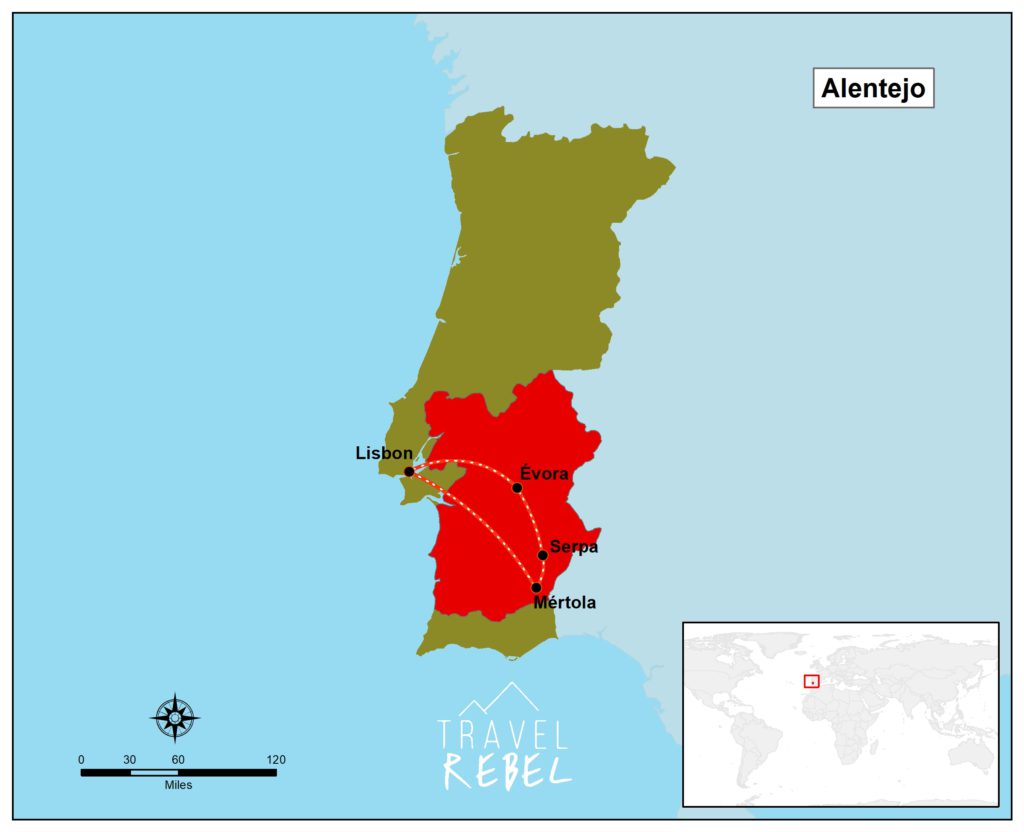 Odemira and Serpa location in Alentejo, South of Portugal map