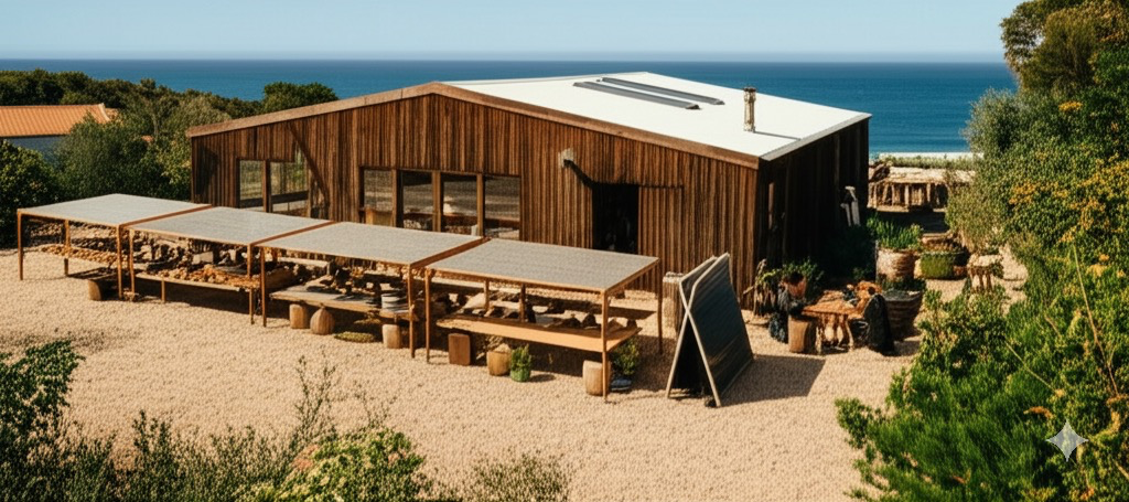 A wooden coastal structure with outdoor seating surrounded by natural vegetation, representing the architectural inspiration for the Ocean Terra Food Lab, a regenerative food and land stewardship project in Portugal.